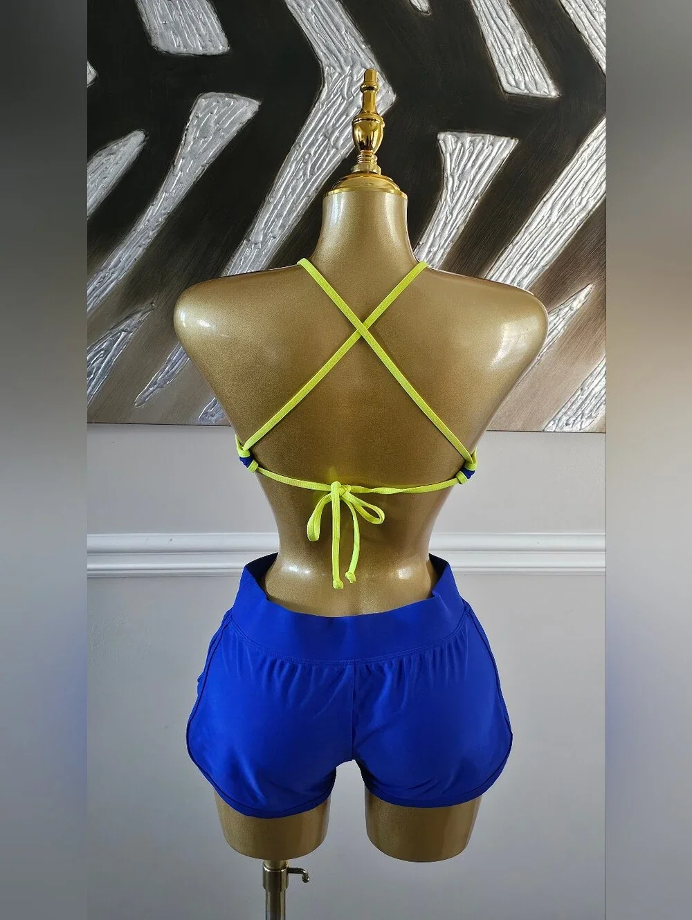Miami Surf Style Blue Neon Green 2 Piece Bikini Short Set S/XS